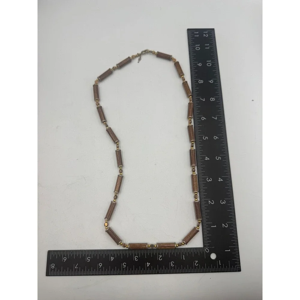 Vintage Trifari Wood Tube Bead Necklace Gold Tone Mixed Metal‎ Earthy Boho 22